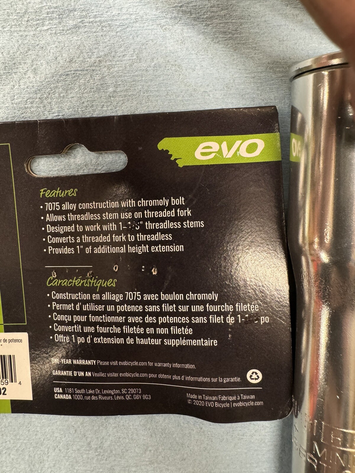 EVO Threadless Bicycle Stem Quill Adaptor, Fits 28.6mm Stem to 22.2mm Steer Tube