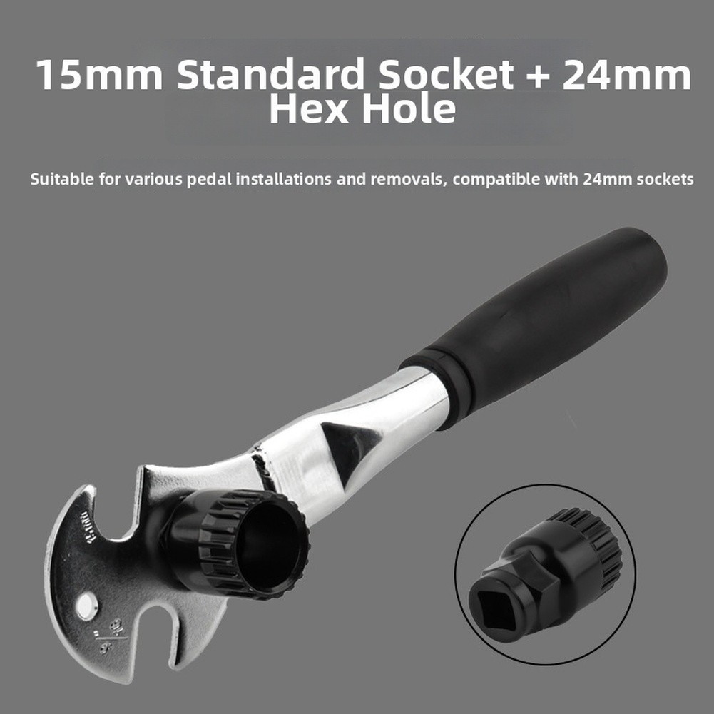 High Carbon Steel Bike Pedal Wrench 15mm 24mm Hex Socket Tool with Rubber Grip