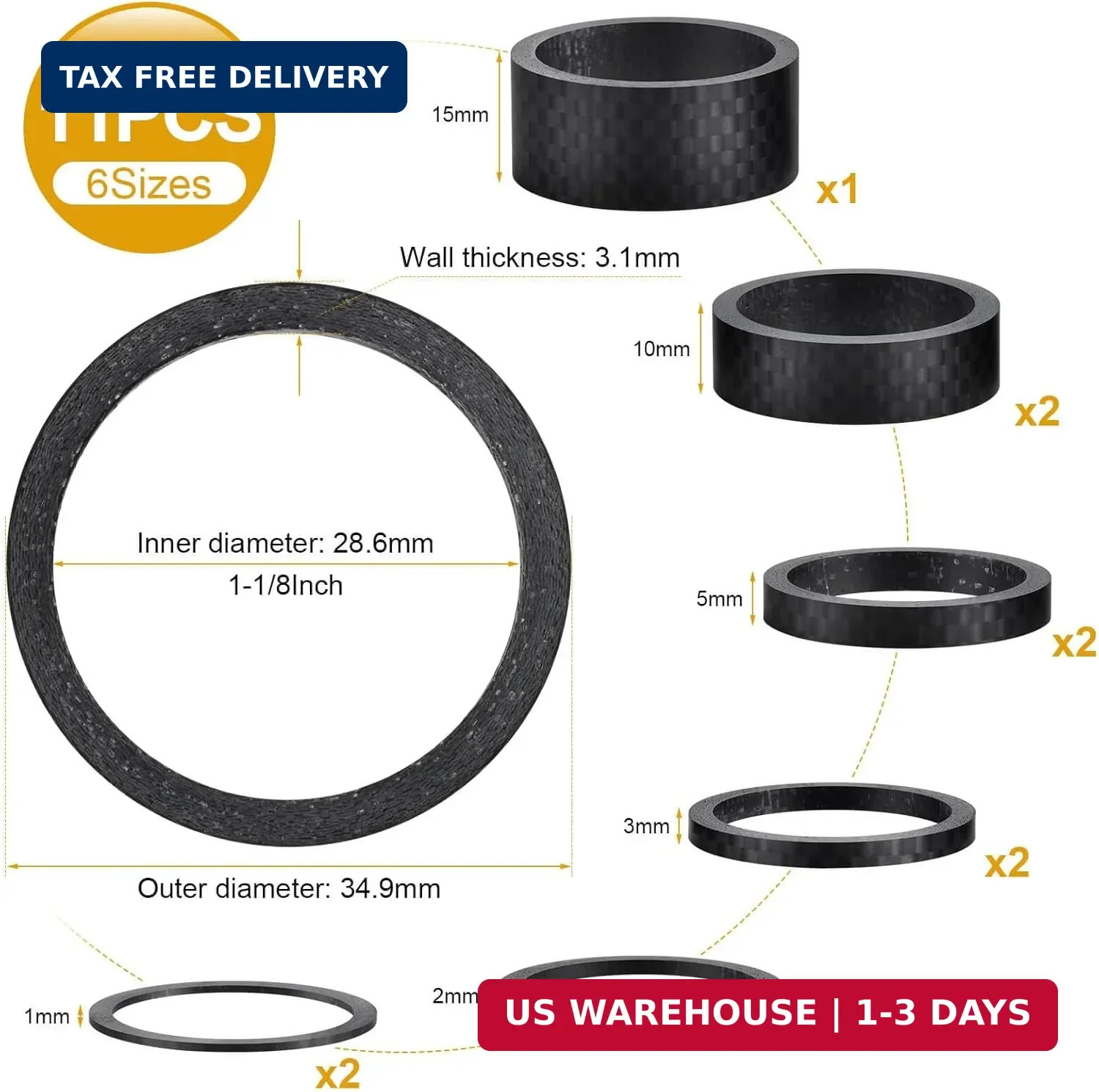 11PCS Bike Carbon Fiber Headset Spacers, Matte Finish, Fits 1-1/8 Inch Stem for