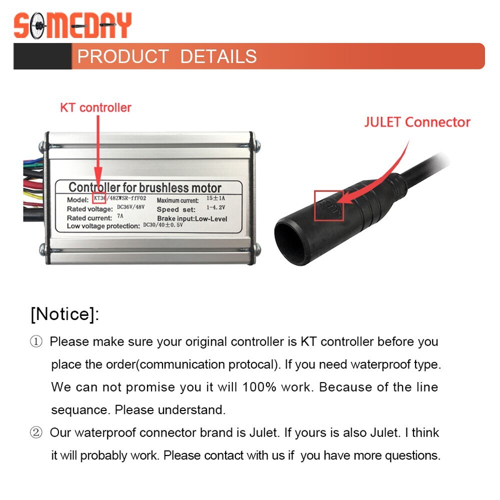 36V 48V 250W 350W Waterproof Plug 15A Electric Bicycle Brushless Controller