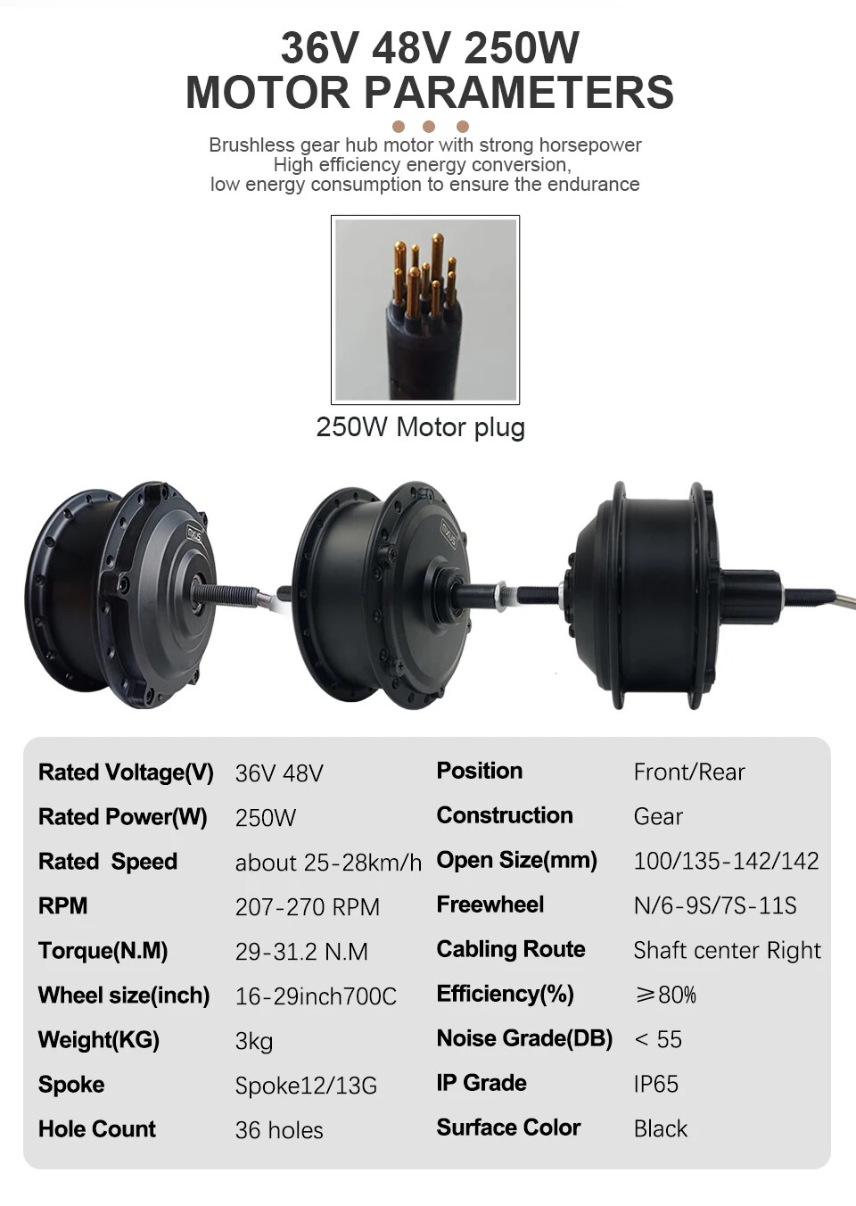 MTB Ebike Conversion Kit 36/48V 250W Brushless Front Rear Hub Motor 16-29In 700C