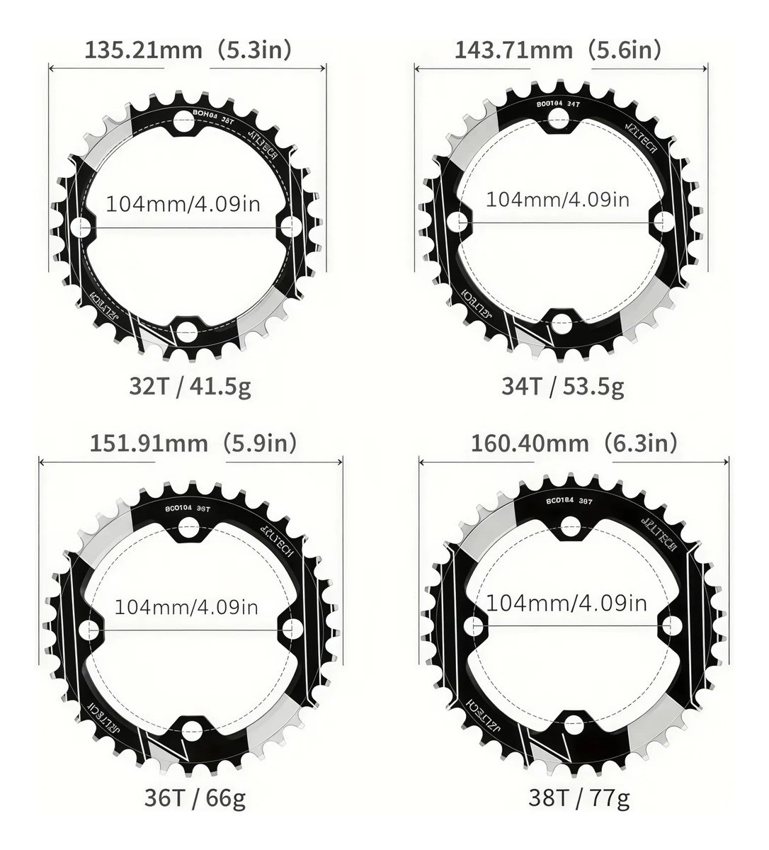 104BCD 34T MTB Single Chainring Narrow Wide Tooth w/4 Bolts & Hex Wrench