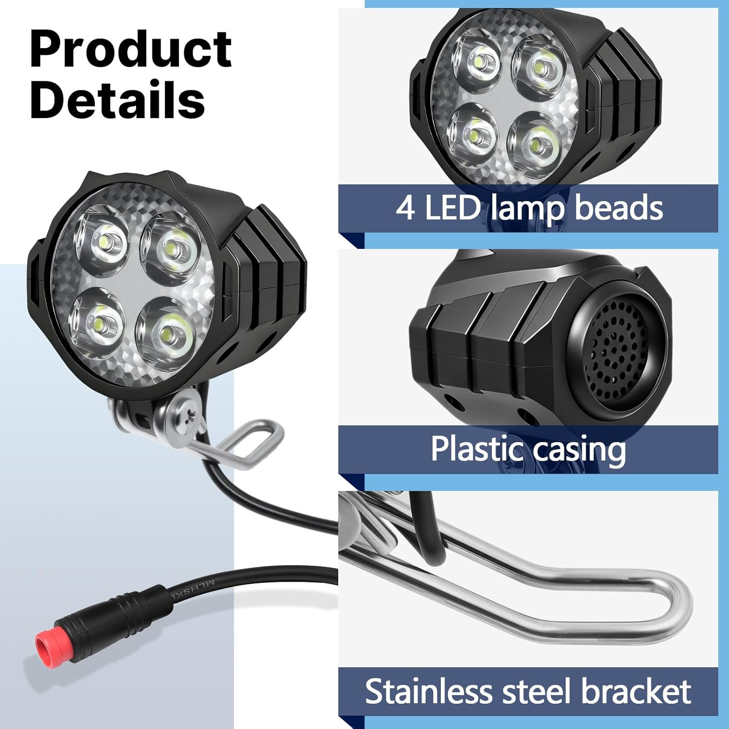 Ebike Headlight 2 Pin, Ebike Front Light for 36V 48V Battery Systems, Waterproof