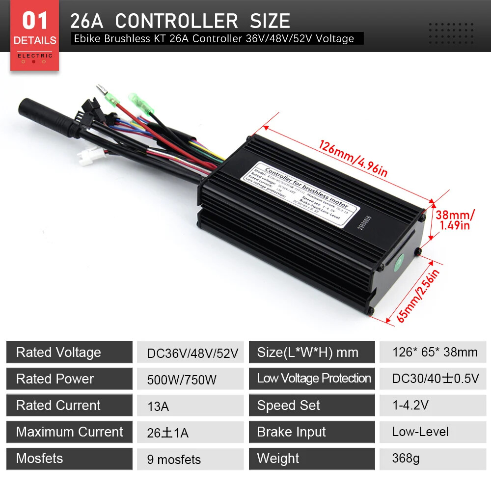 KT E-bike Sinewave Controller 36/48/52V 26A Waterproof Brushless 500W 750W Motor