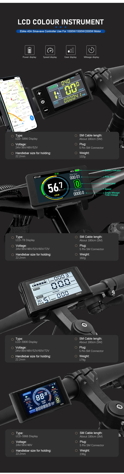 Ebike Sine Wave Three-Mode Controller 36V 48V 52V 40A with S866 S966 LCD Display