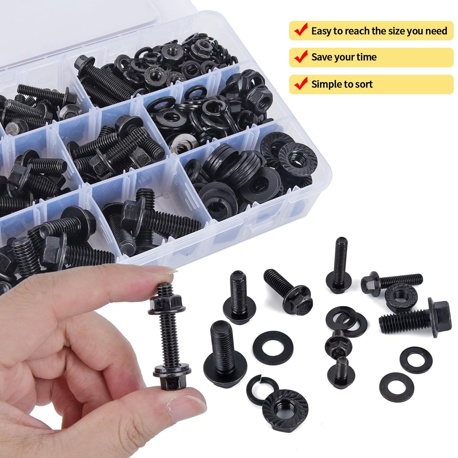 Gternity 292PCS M6 M8 M10 Flange Bolts Nuts Assorted Hex One Size, Black