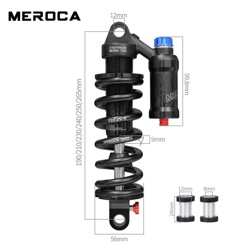 MEROCA Bike MTB Rear Shock Bicycle Coil Spring Shocks 190/210/230/240/250/265mm