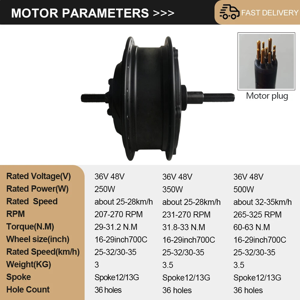 36V 48V 250W 350W 500W Electric Bike Motor Front Rear Rotate/Cassette Wheel Hub