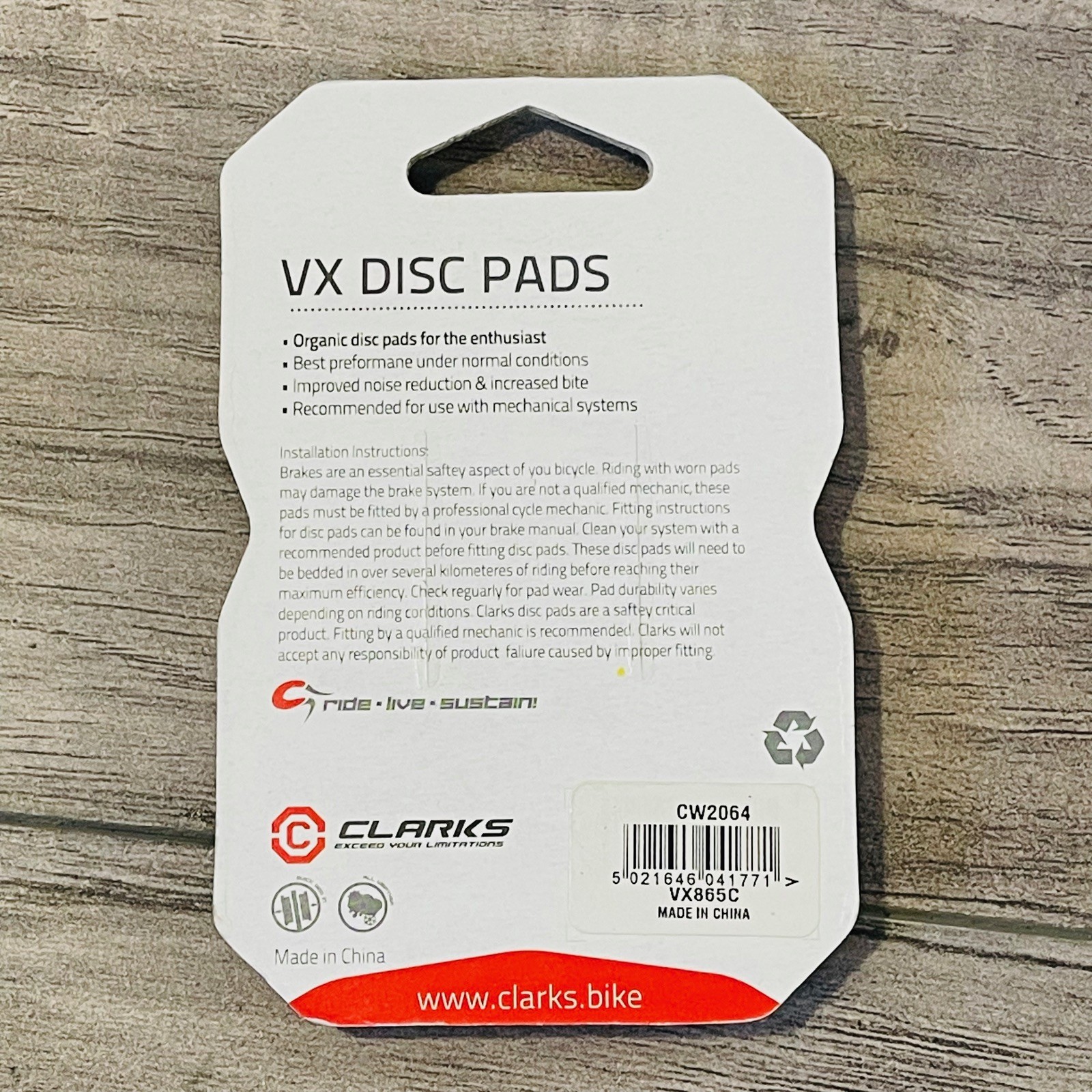 Clark’s VX865 Organic Disc Brake Pads fits Clark’s CMD-19