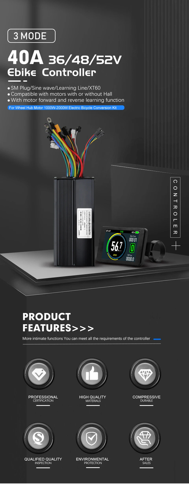 Ebike Sine Wave Three-Mode Controller 36V 48V 52V 40A with S866 S966 LCD Display