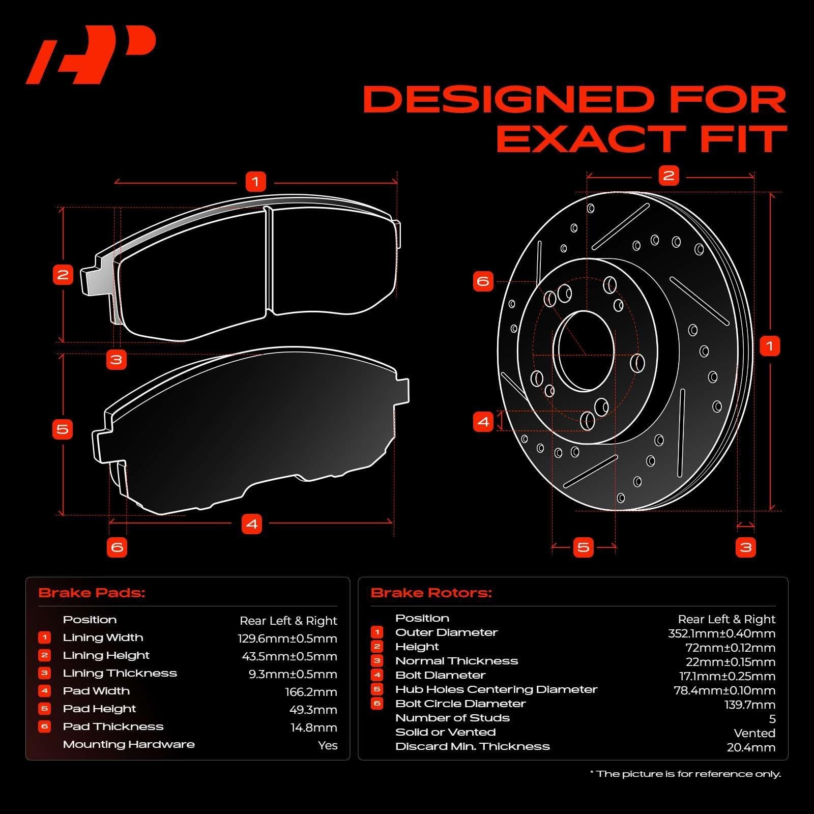 A-Premium 13.86 in (352mm) Rear Drilled and Slotted Disc Brake Rotors + Ceram…