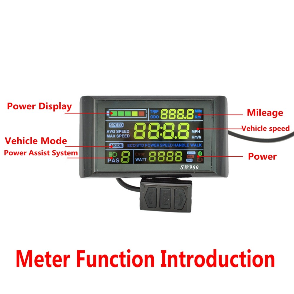 24V/36V/48V/60V E-Bike SW900 Colorful LCD Meter Panel Display SM&WP Plug AEU US