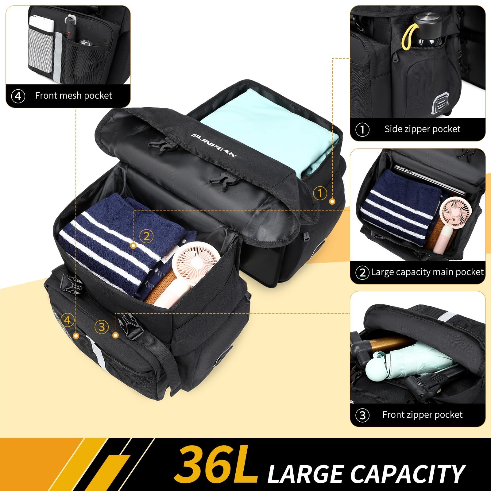 Sunpeak Bike Bag Accessories Panniers for Bicycle Rear Rack Bag 45L Waterproo…