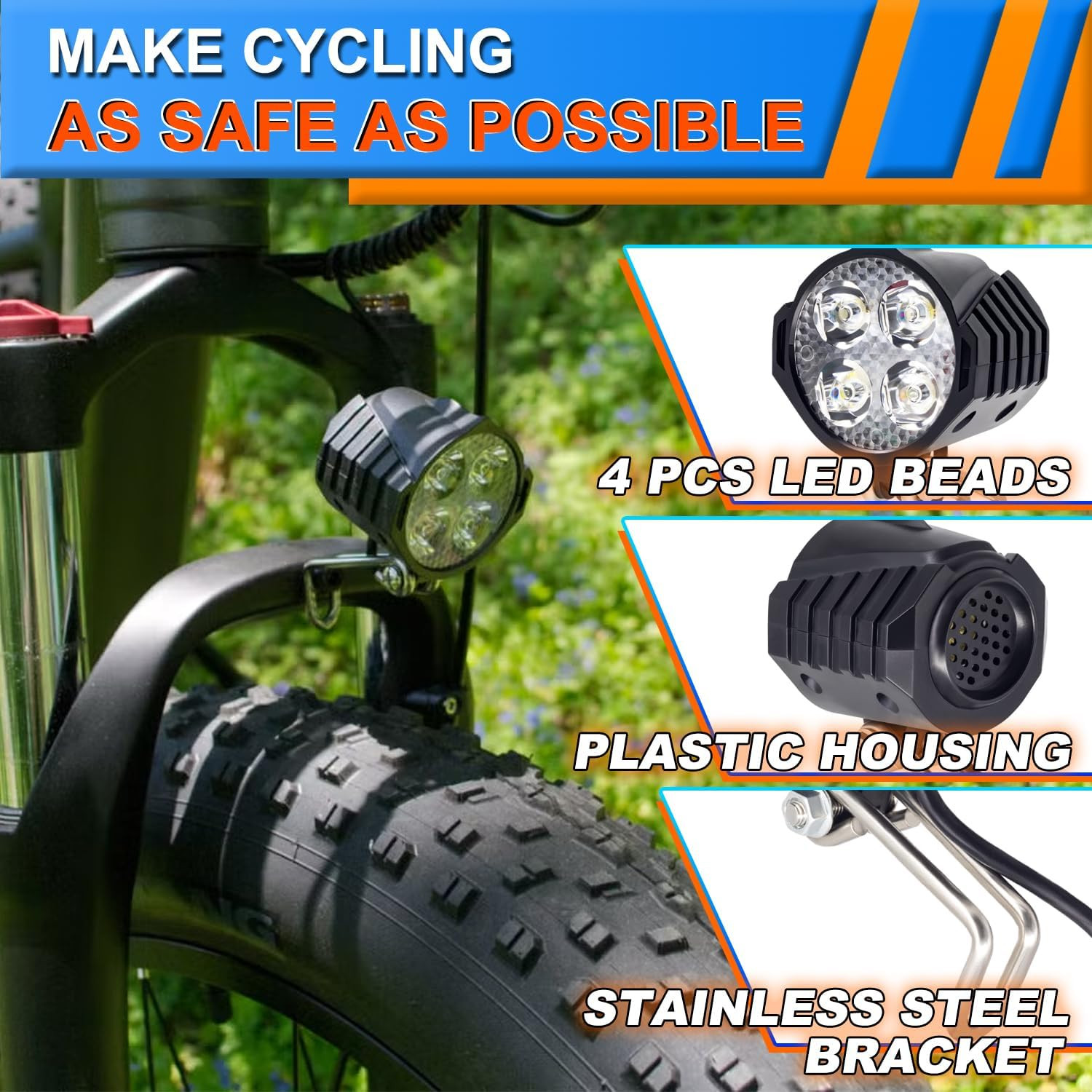 Ebike Headlight 48V 36V, 12V-60V Compatible, 2 Pin Waterproof Connector Electric
