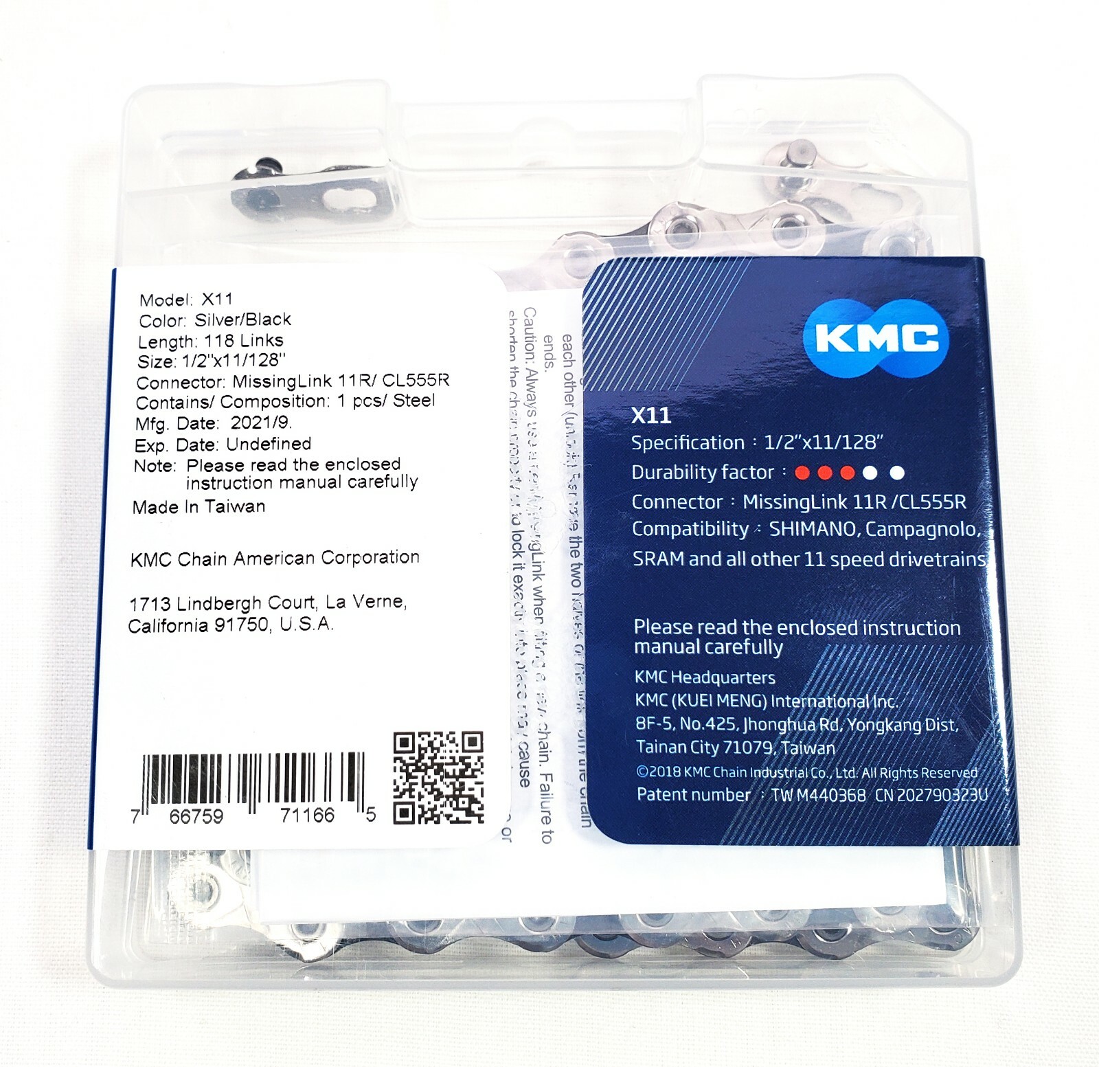 KMC X11 1/2×11/128x118L 11Speed 11spd Chain Silver Black