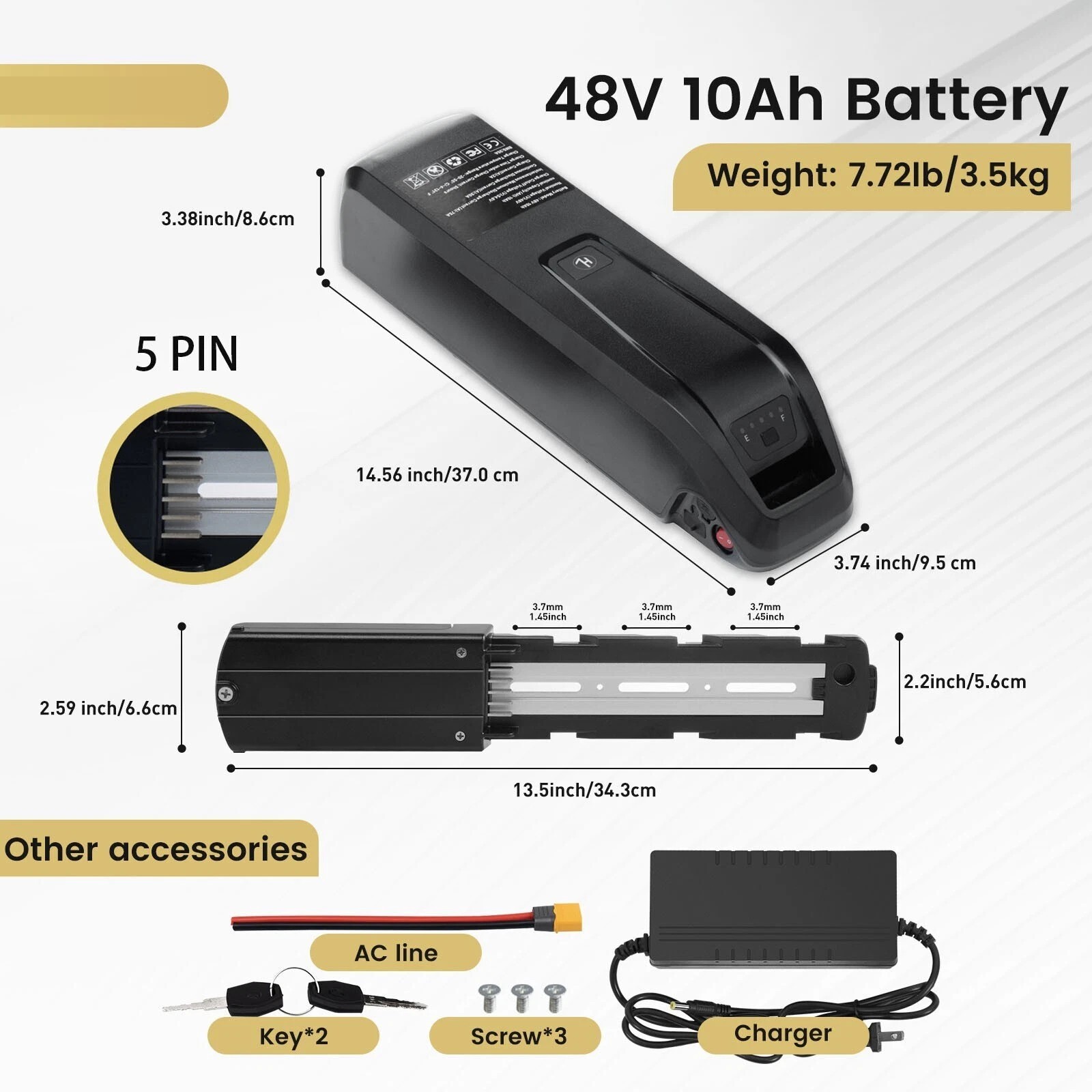 48V 10Ah Ebike Battery Electric Bike Lithium Battery for 200W-1000W Motors 5PIN