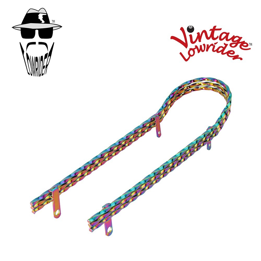 18″ LONG LOWRIDER BICYCLE TRIPLE SQUARE TWISTED SISSY BAR IN (OIL SLICK) NEON.