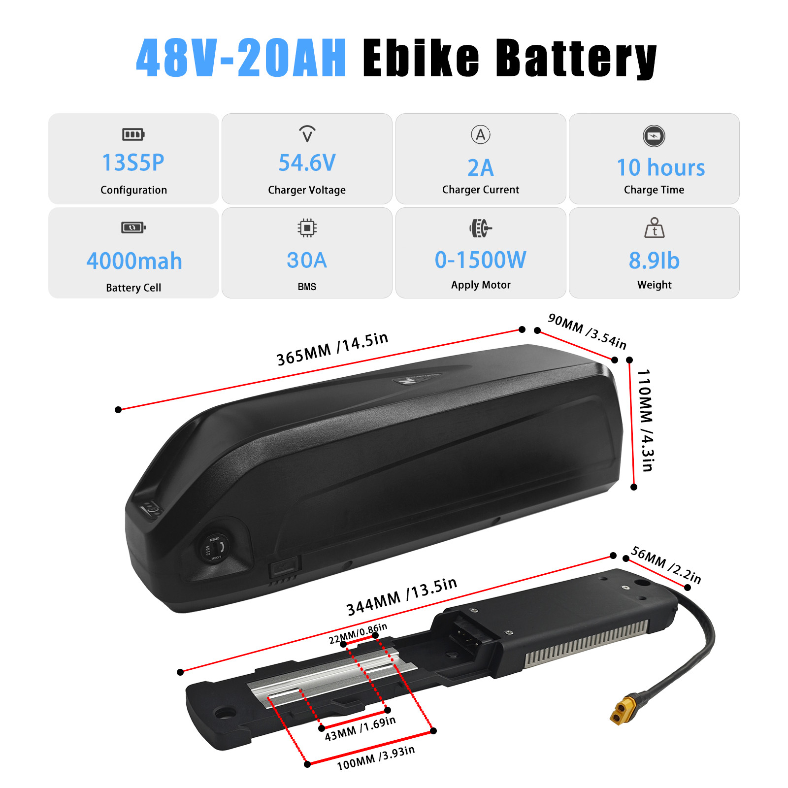 48 Volt Battery 48V 10Ah 16Ah 20Ah Battery for E le ctirc B ike, 5-Pin Connector