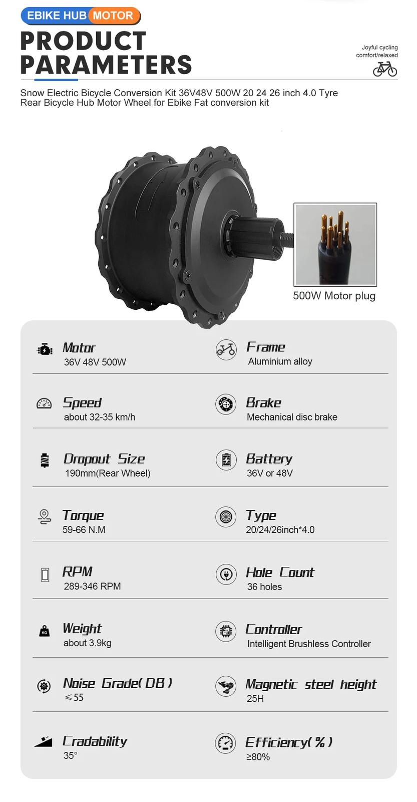 36V48V 500W EBike Fat Rear Cassette Hub Motor Wheel 170mm Dropout Snow Ebike Kit