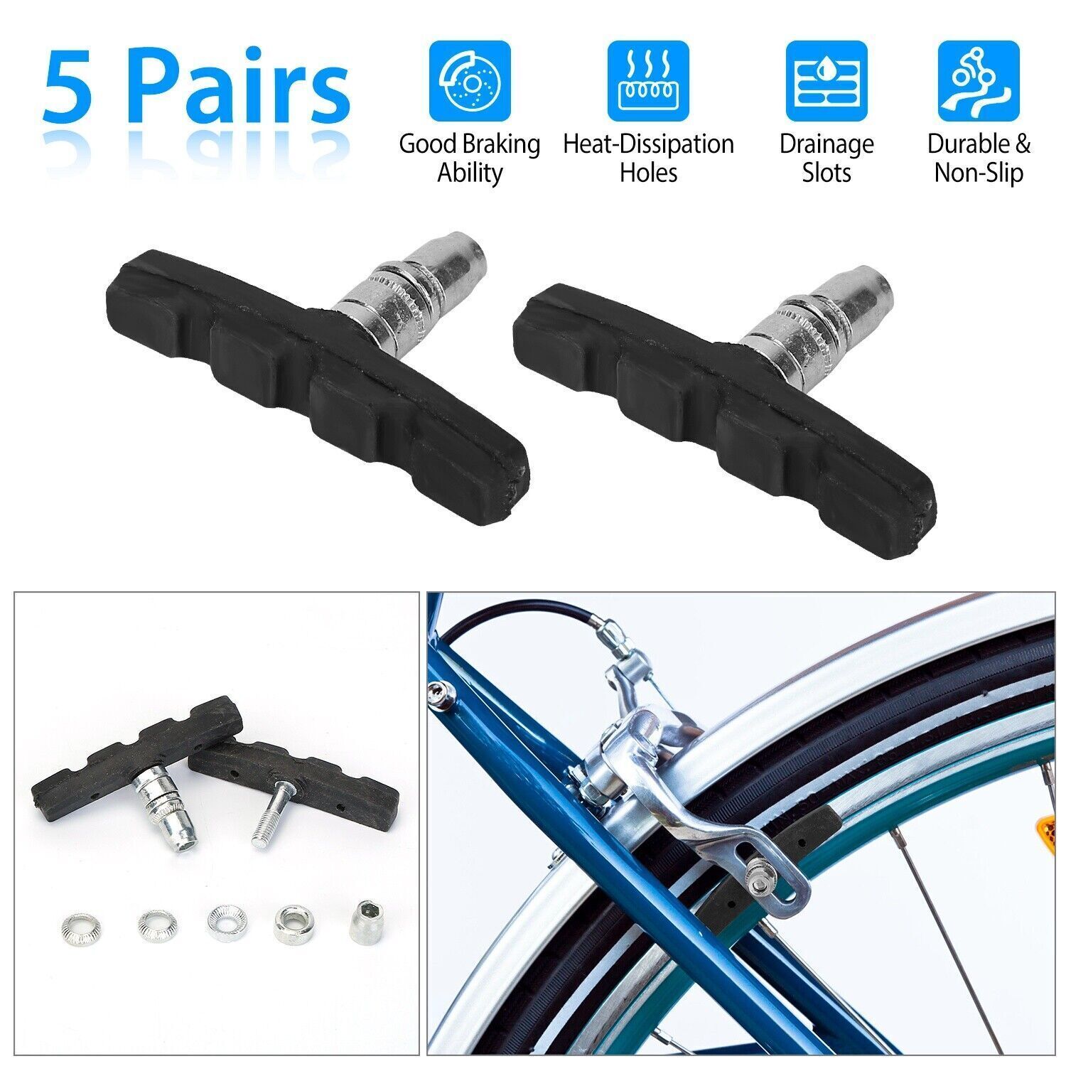 5 Pairs Bike Rubber Brake Pads Bicycle V-Brake Blocks 70mm Non-Slip Stop Caliper
