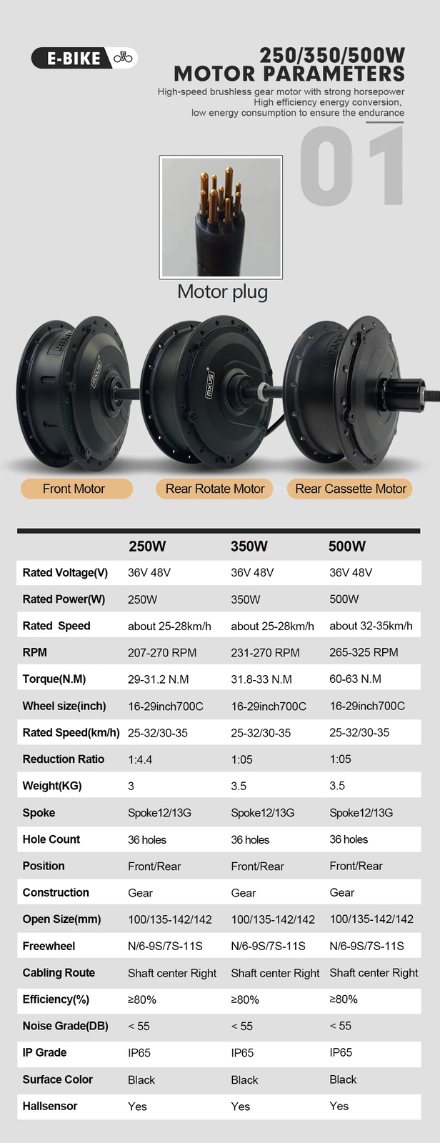 36V 48V 250W 350W 500W Electric Bike Motor Front Rear Rotate/Cassette Wheel Hub