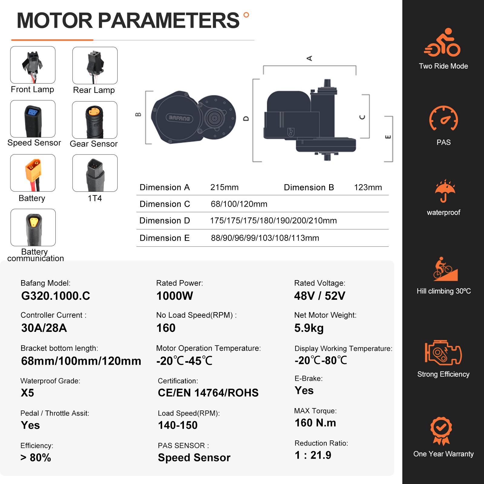 48V 500W 750W 1000W Bafang Mid Motor Kit 68-120mm Electric Bike Conversion Kits