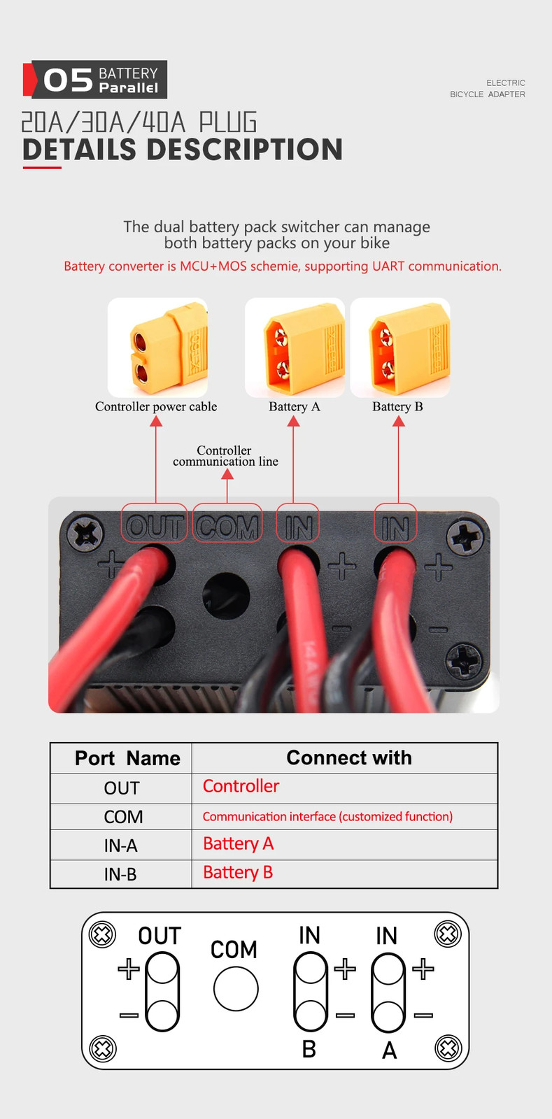 E-bike Dual Battery Discharge 20A 30A 40A 20V-72V Converter Connection Adapter