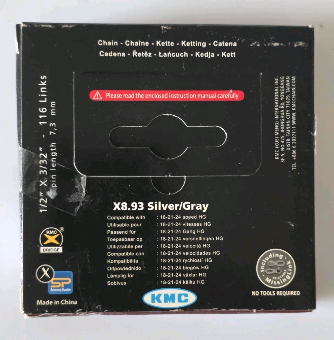 KMC X8.93 Chain – 6/7/8 Speed – 116 Links – Half Nickel Plated – X Bridge