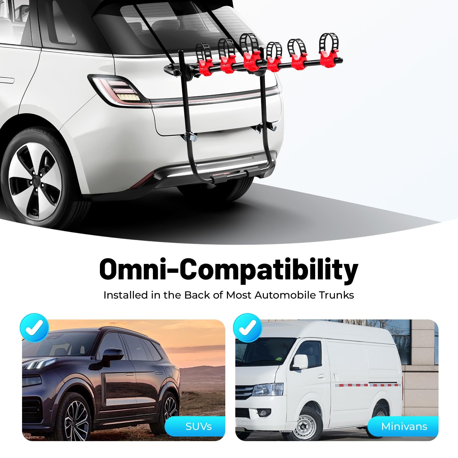 3-Bike Trunk Mount Rack Foldable Carbon Steel 44lb Capacity Anti-Slip SUV Sedan
