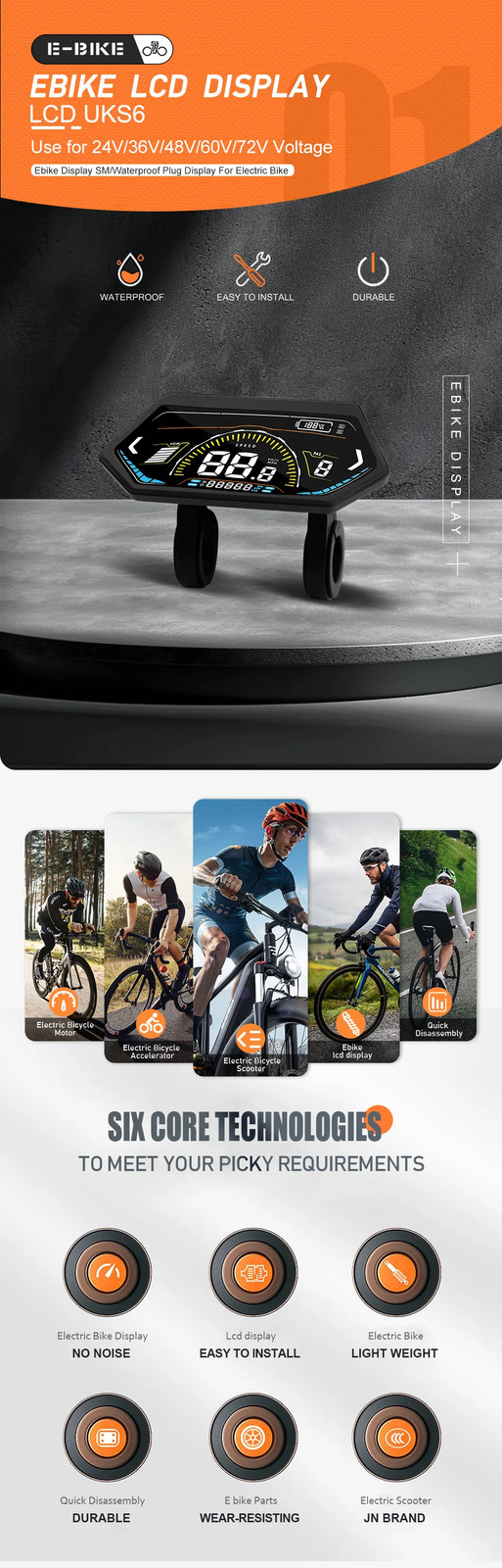 E-bike Display 24V36V48V52V60V72V LCD Color Display SM/Waterproof Plug Display