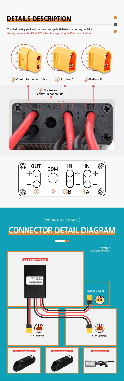 Ebike Dual Battery Connection Adapter XT60 Switcher 20V-72V 10V-100V 20A/30A/40A