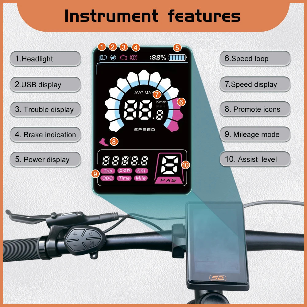 Electric Bicycle LCD UKS2 Display 36V 48V 52V 60V 72V with 5PIN Waterproof Plug