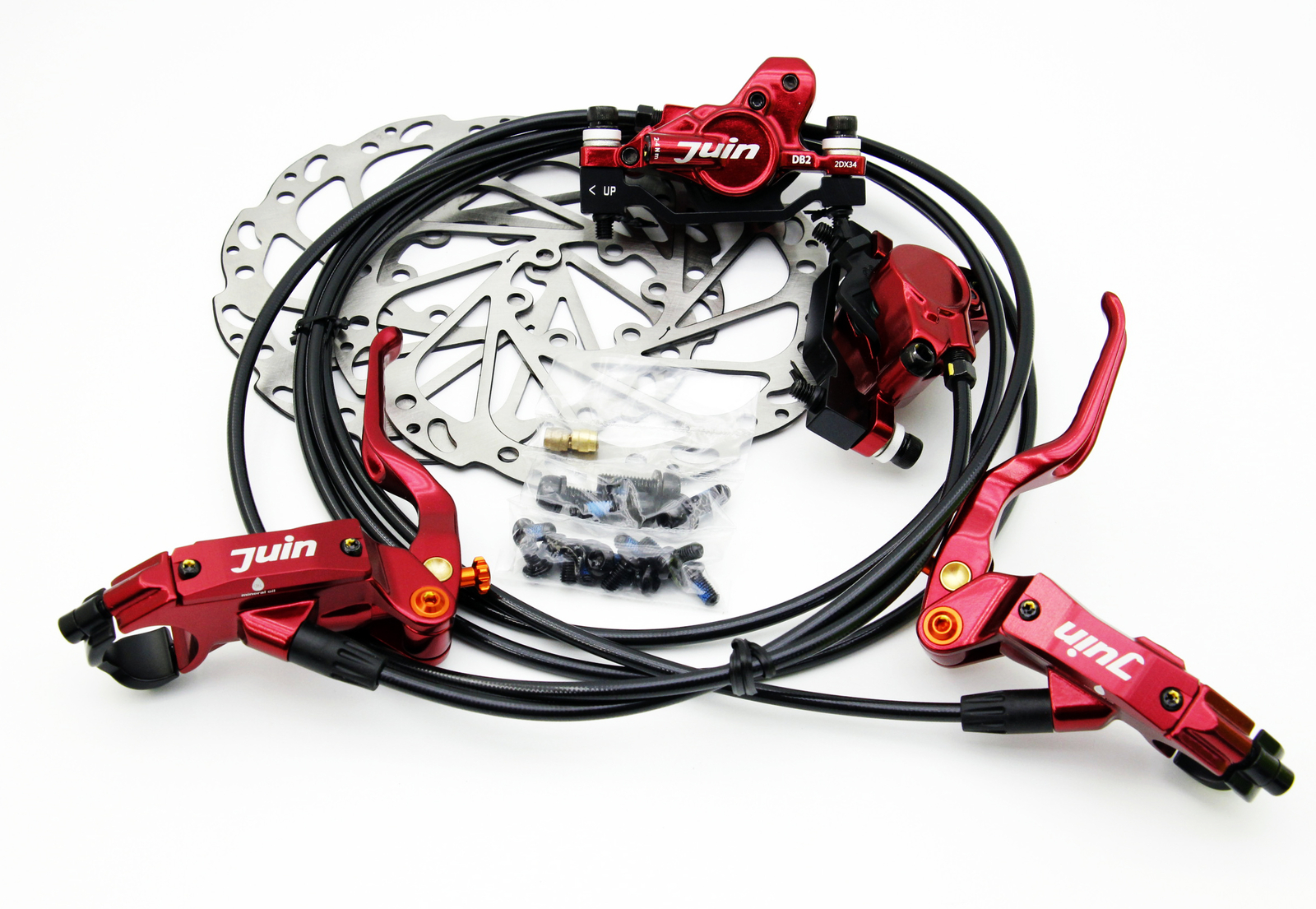 Juin Tech DB2 Full Hydraulic Disc Brake Set Red F/R Post Mount 160mm Rotors