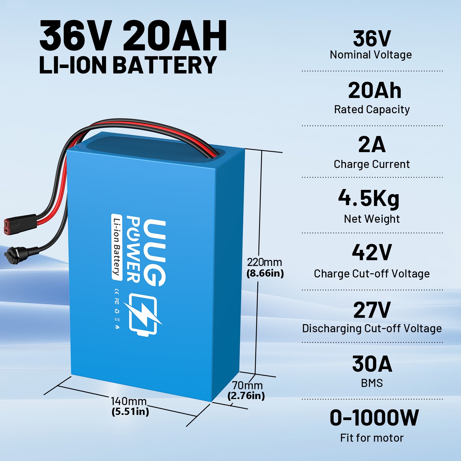 UUG 36V Ebike Battery Electric Bike Bicycle 20Ah for BMS 30A Motor 1000W