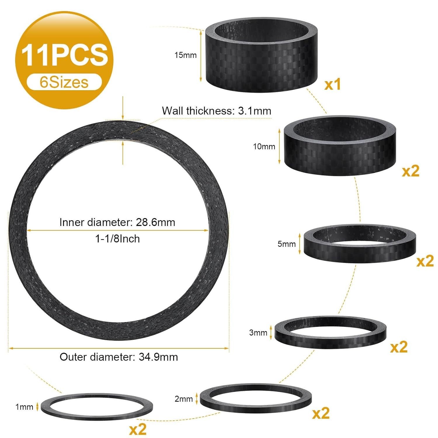 11PCS Bike Carbon Fiber Headset Spacers, Matte Finish, Fits 1-1/8 Inch Stem for