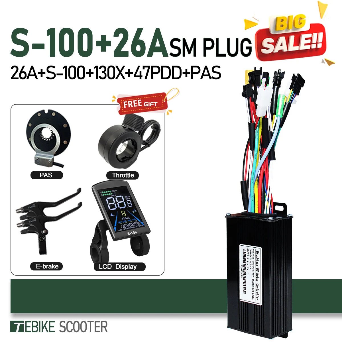 E-Bike Sine Wave 17A26A30A40A Controller 24V-52V 250W-2000W Motor + LCD Display