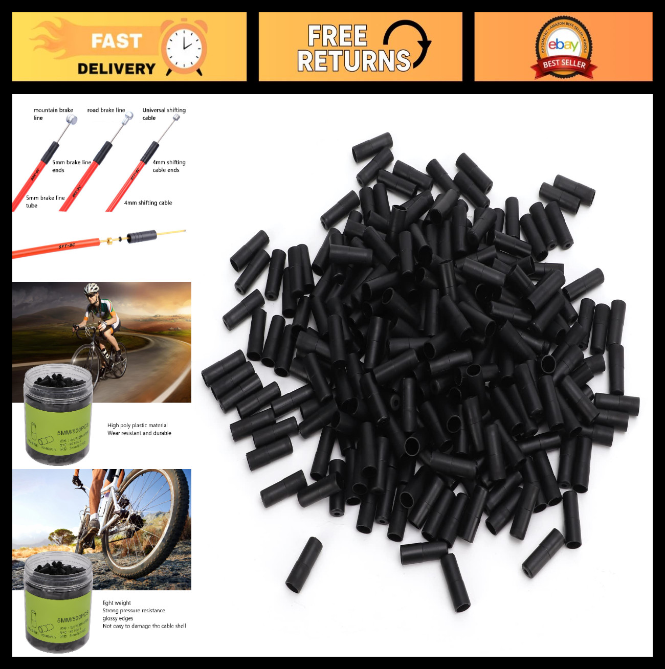 500Pcs 5mm Plastic Brake Cable Housing Ferrules – Glossy Edges for Bicycles