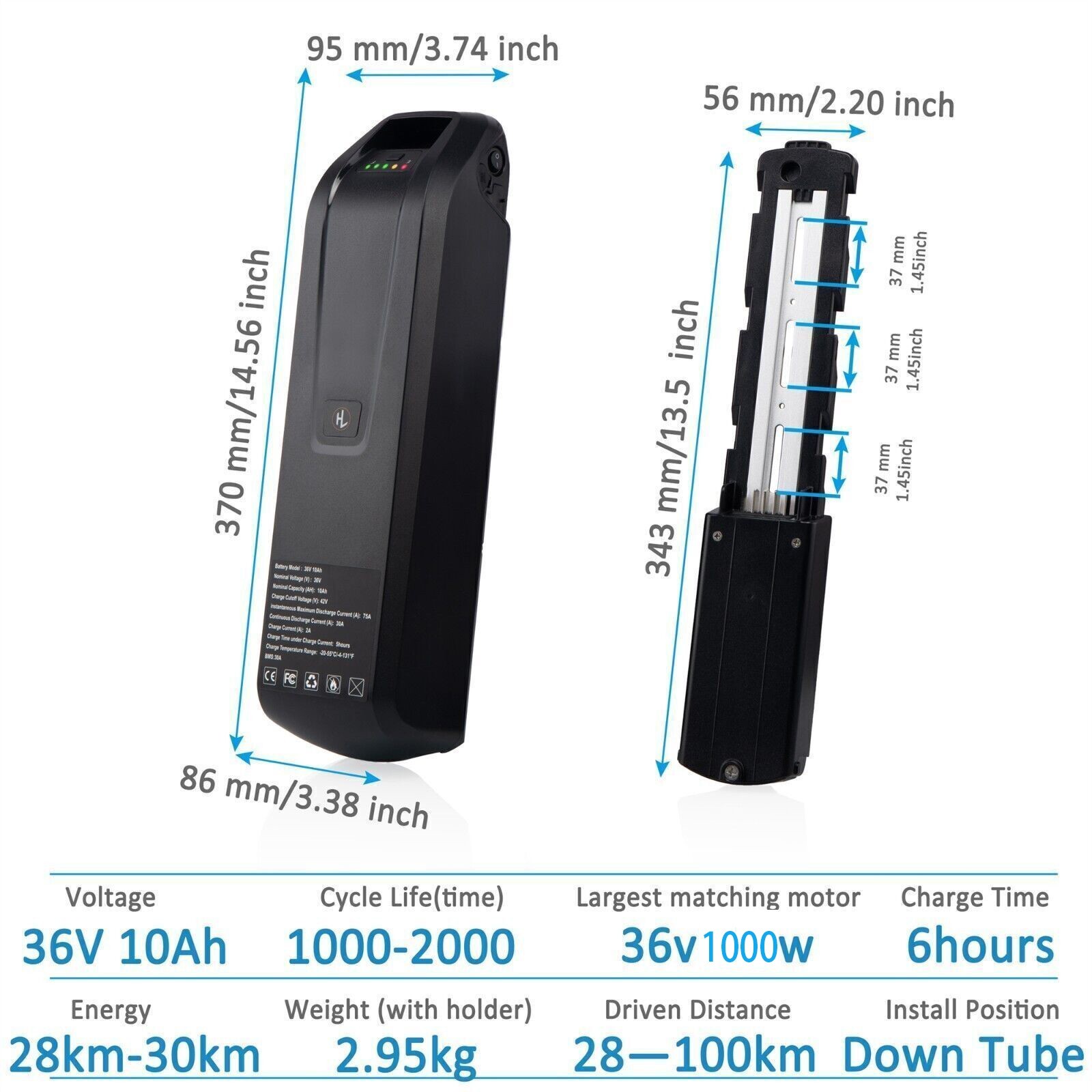 36V 48V 10AH Li-ion eBike Battery 30A BMS 4Pin for ≤1500W Electric Bike Bicycle