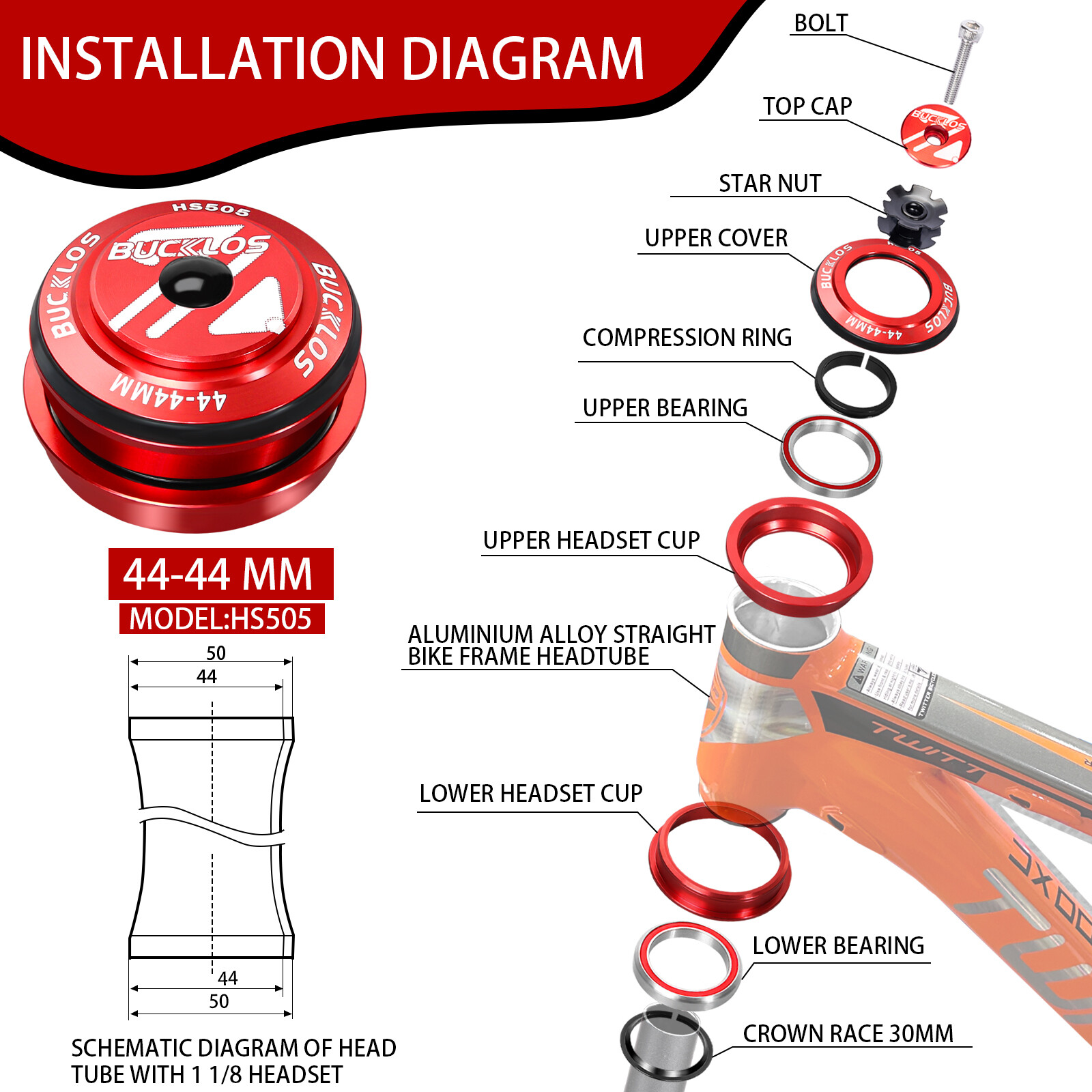 Sealed Bearing Headset 44mm Aluminum MTB BMX Bike for 1-1/8″ Straight Fork Frame