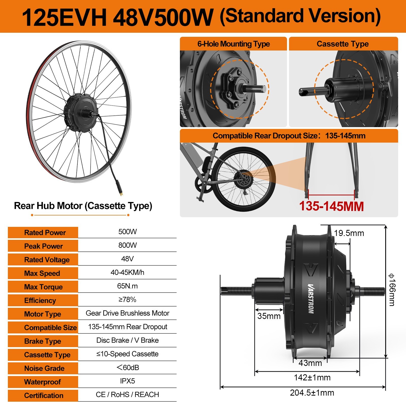 Varstrom 48V500W Rear Wheel Hub Motor 26″27.5″700C EBike Conversion Kits 40KM/h