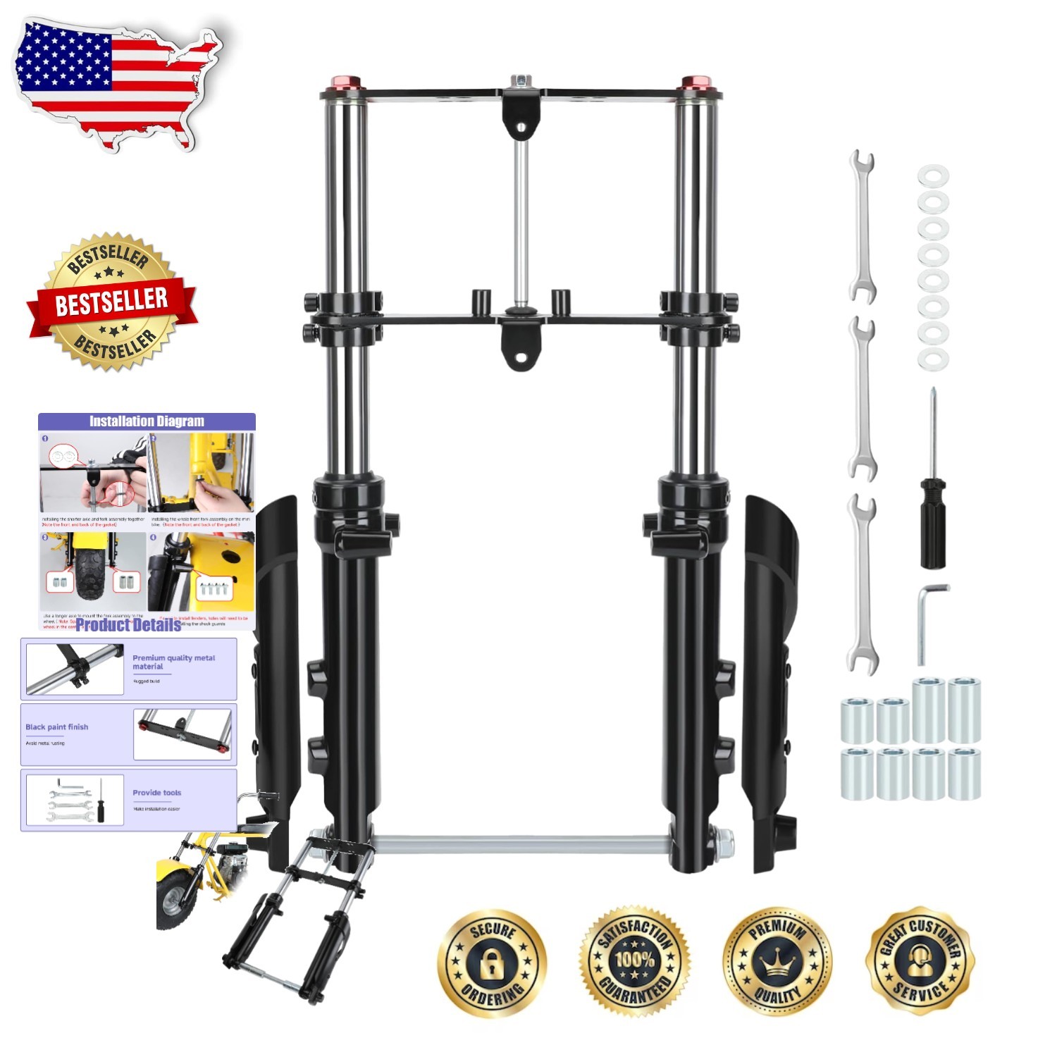 Mini Bike Front Fork Suspension Kit – Heavy Duty Steel, Black, Superior Comfort