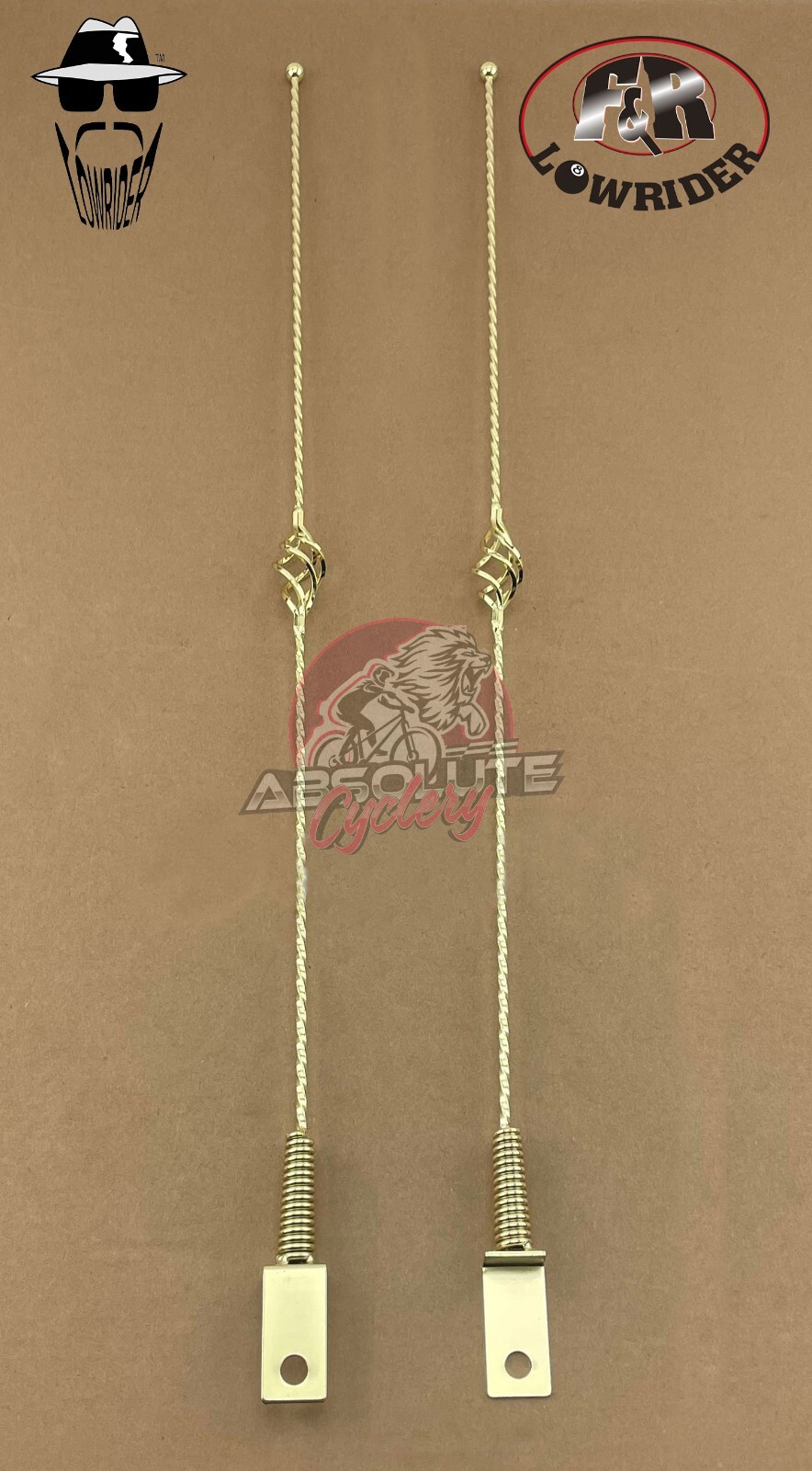 2 F&R VINTAGE LOWRIDER 32″ LONG CAGE TWISTED BICYCLE GOLD ANTENNA (SHOW PART).