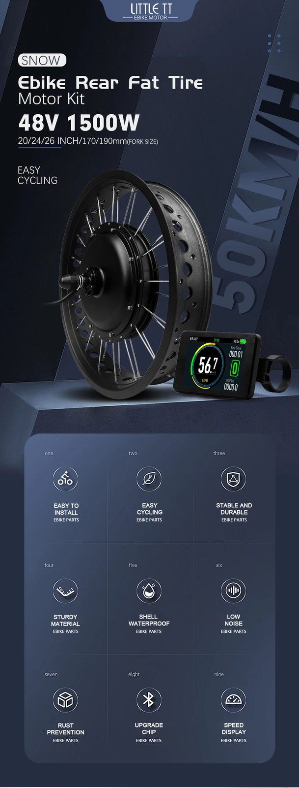 Snow Fat Tire Electric Bike 48V 1500W 20/24/26in Brushless Rear Wheel Hub Motor