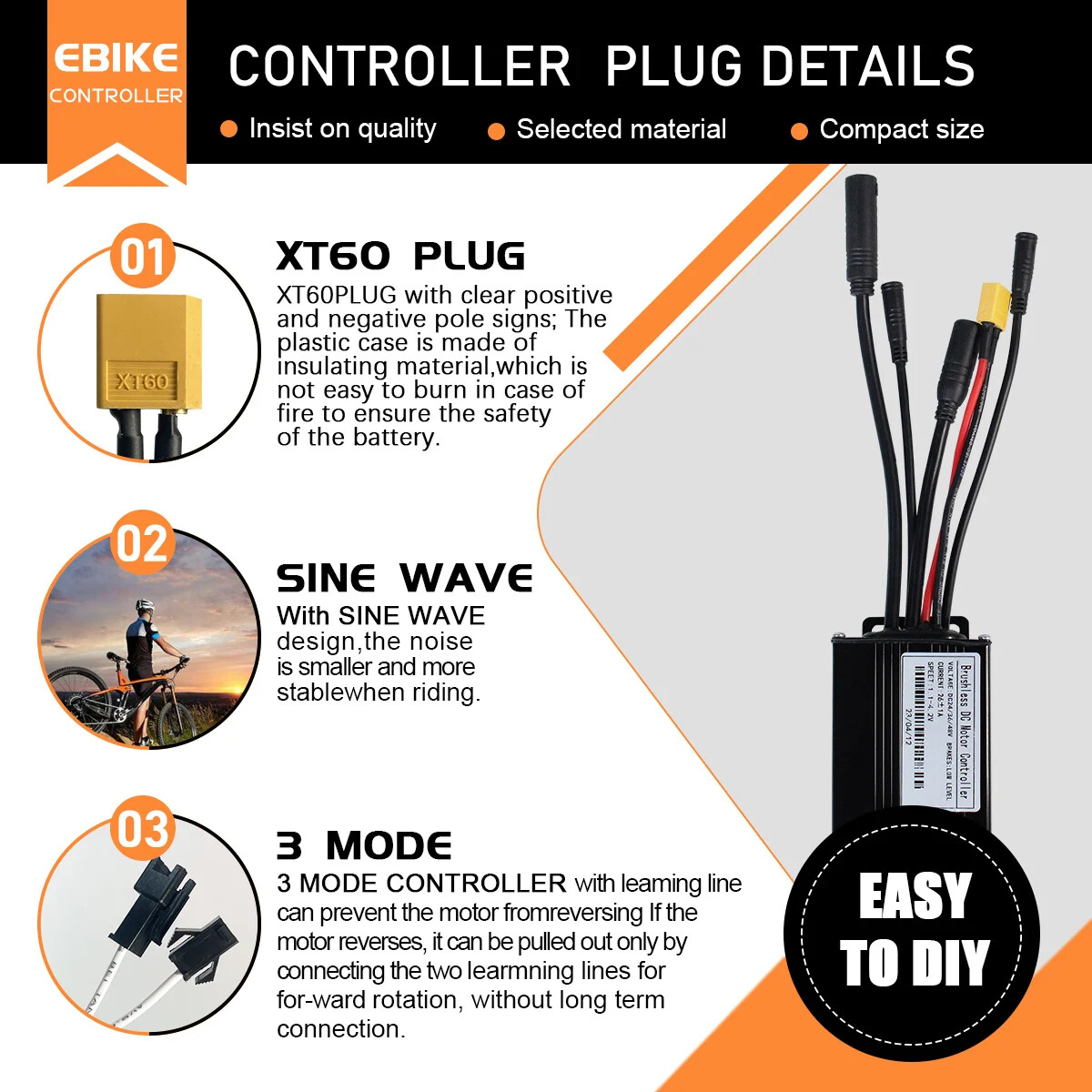 E-bike 24V/36V/48V52V 17A 26A 30A 40A Three Mode Brushless Sine Wave Controller