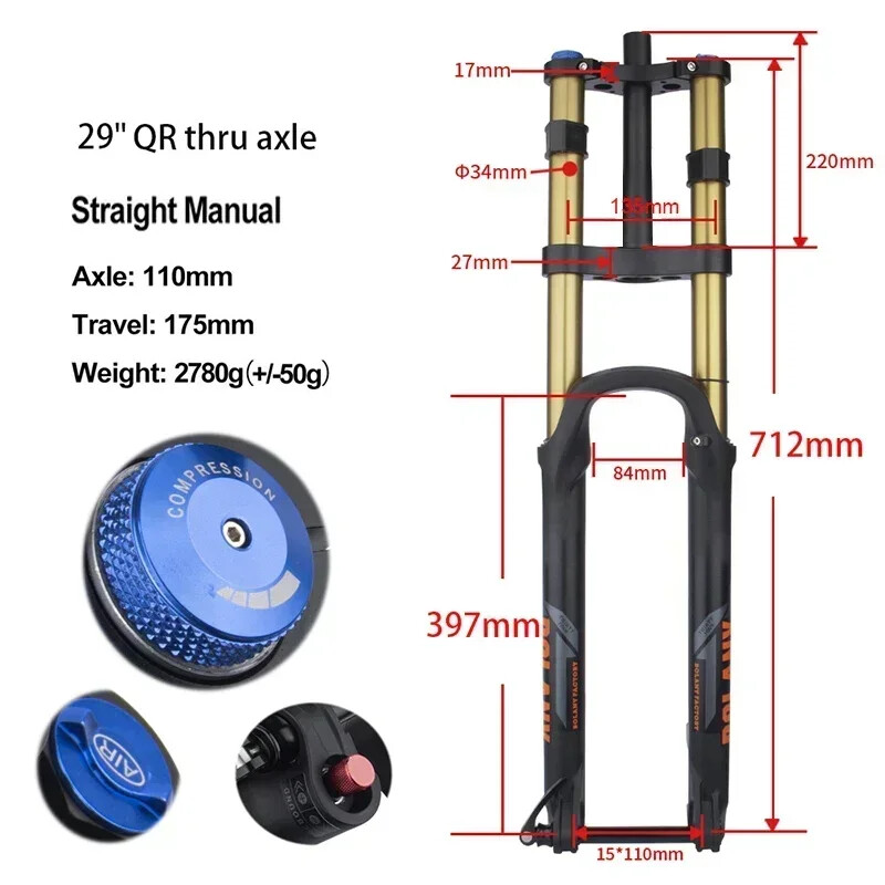 Downhill MTB Double Shoulder Inverted Air Suspension Fork 27.5/29er Travel 175mm