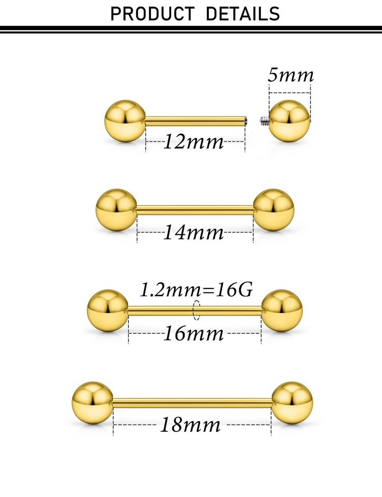 16G 14G 12G Gold Nipple Piercings Tongue Rings Externally/Internally Threaded…
