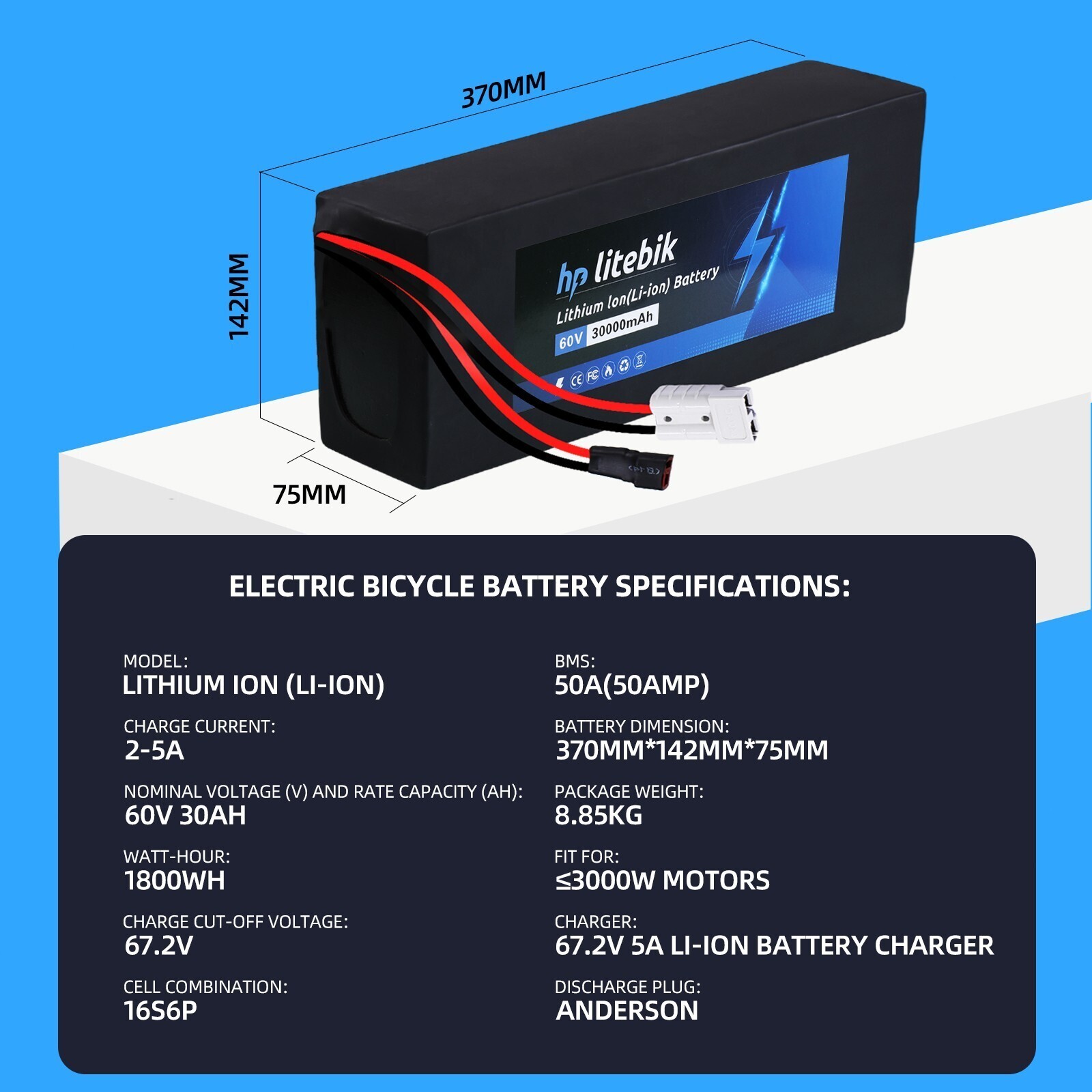 60V 30Ah Lithium ebike Battery With 50A BMS For 200-3000W Electric Bicycles Bike