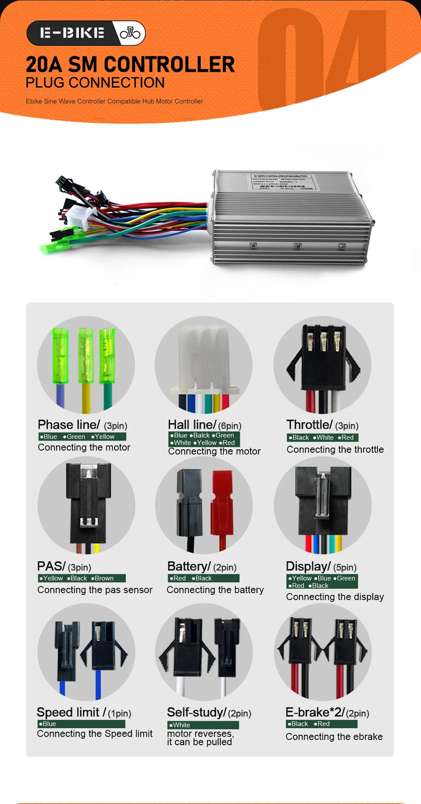 Ebike 3 Mode Sinewave 20A Controlle 36V 48V Color M5/UKC1 Display 350W500W Motor