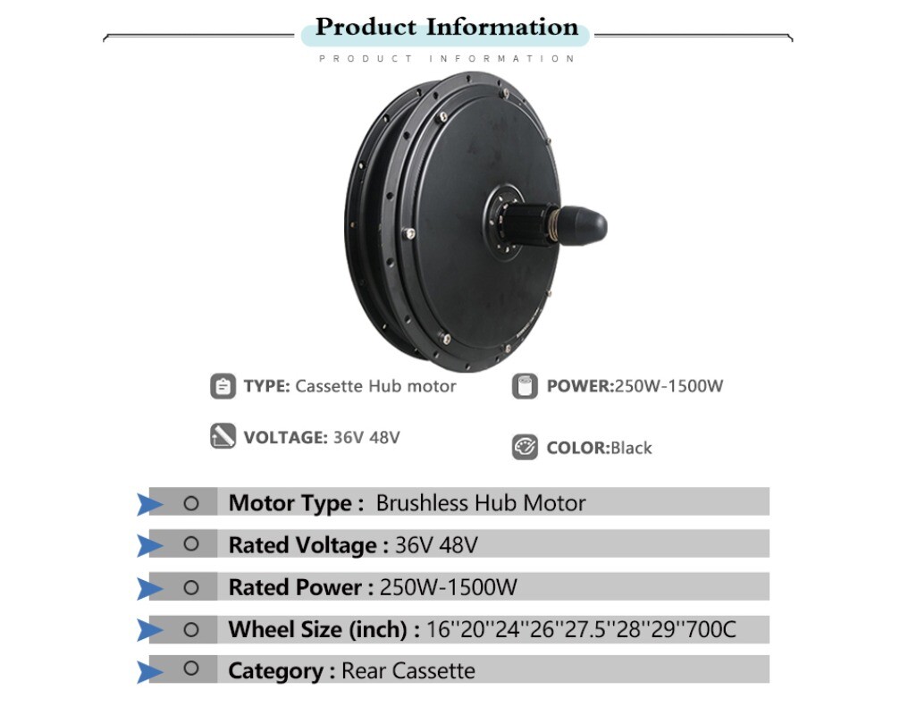 36V 48V 250W 350W 500W 1000W 1500W Electric Bike Rear Cassette Hub Motor Wheel