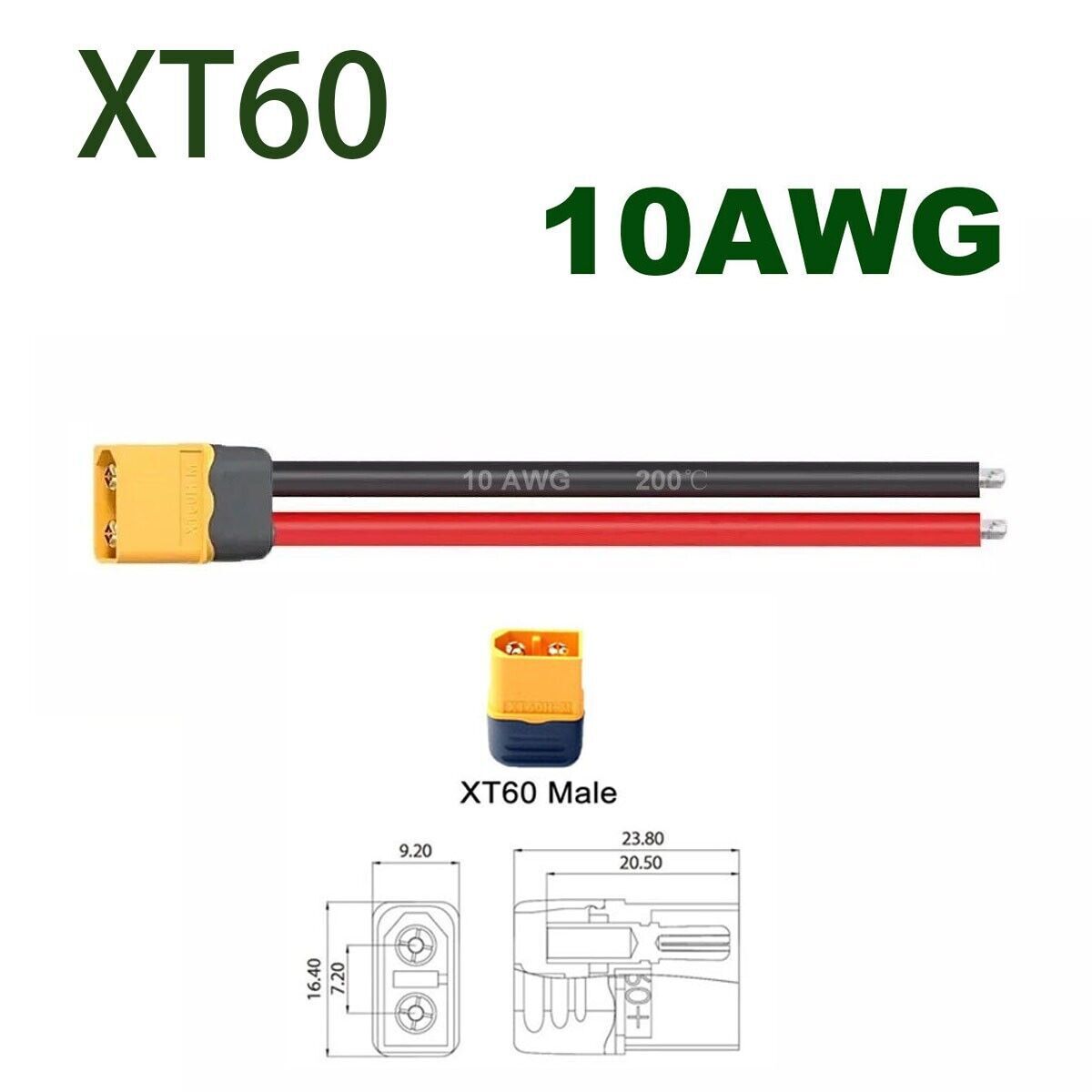 XT60 Male Plug Cable Extension 10AWG 100mm Wire for Ebike Lipo Li-Ion Battery